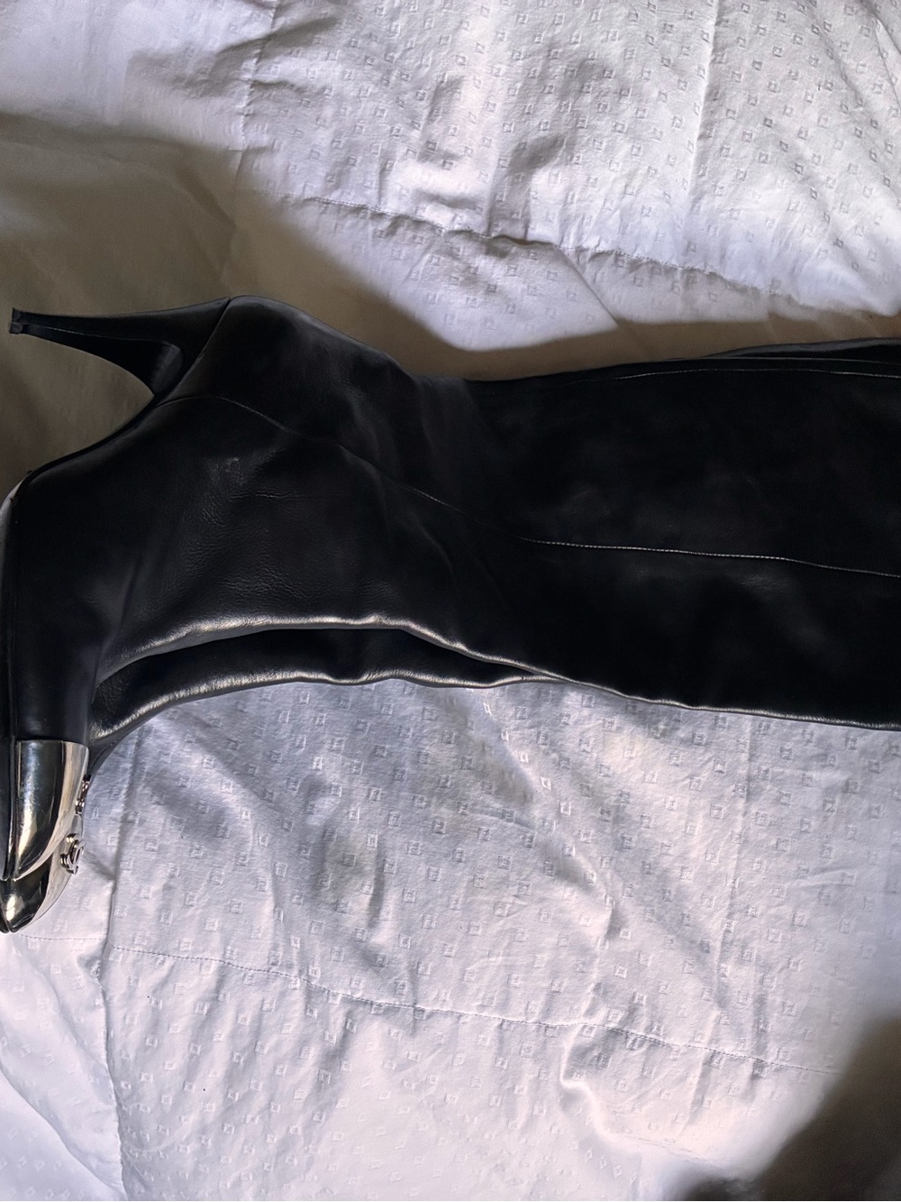 AUTHENTIC Black Leather CHANEL Knee-High Boots with Silver Cap Toe - Picture 7 of 12